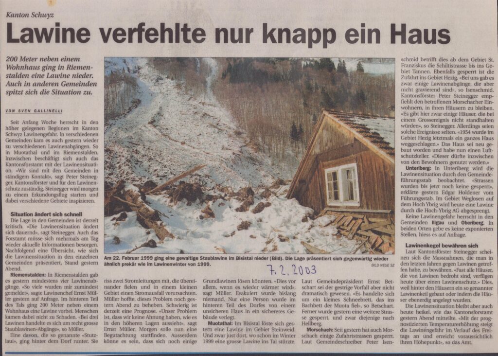 Lawine 2003 Steiweid
Sven Gallinelli, Schwyzer Zeitung, 2003, Ze10