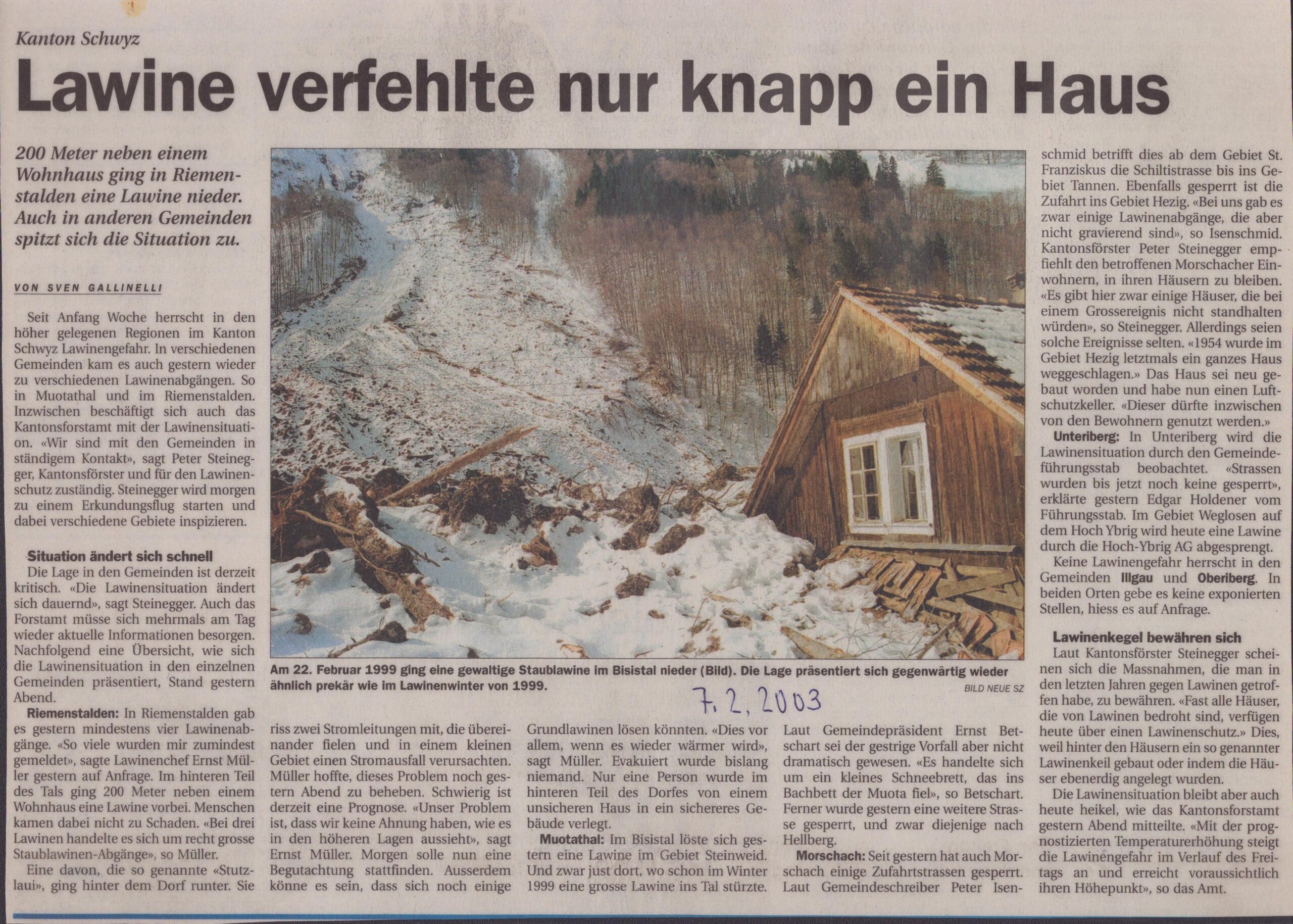 Lawine 2003 Steiweid
Sven Gallinelli, Schwyzer Zeitung, 2003, Ze10