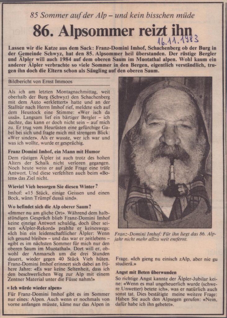 Franz Imhof auf Äbnematt
Ernst Immoos, Bote der Urschweiz, 1983, Ze21