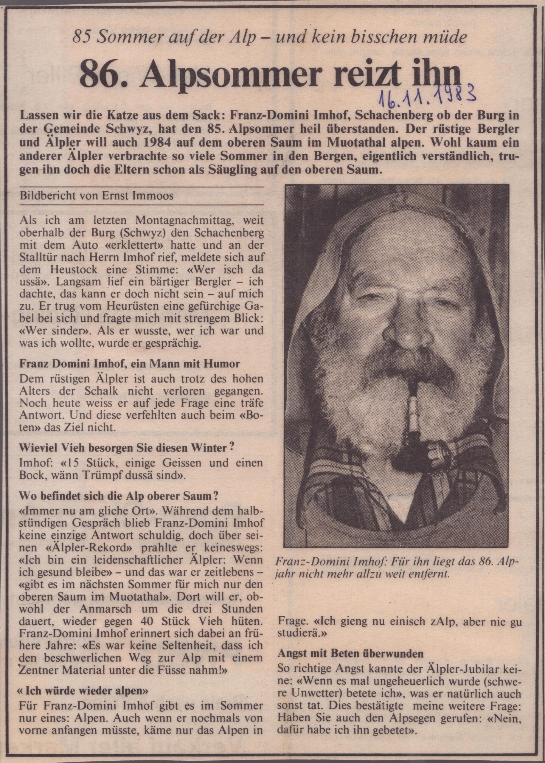 Franz Imhof auf Äbnematt
Ernst Immoos, Bote der Urschweiz, 1983, Ze21