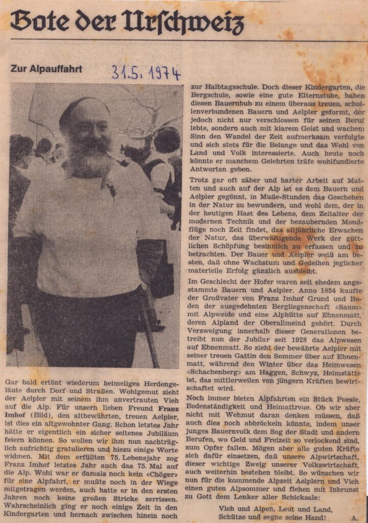 Franz Imhof auf Äbnematt
Bote der Urschweiz, 1974, Ze4