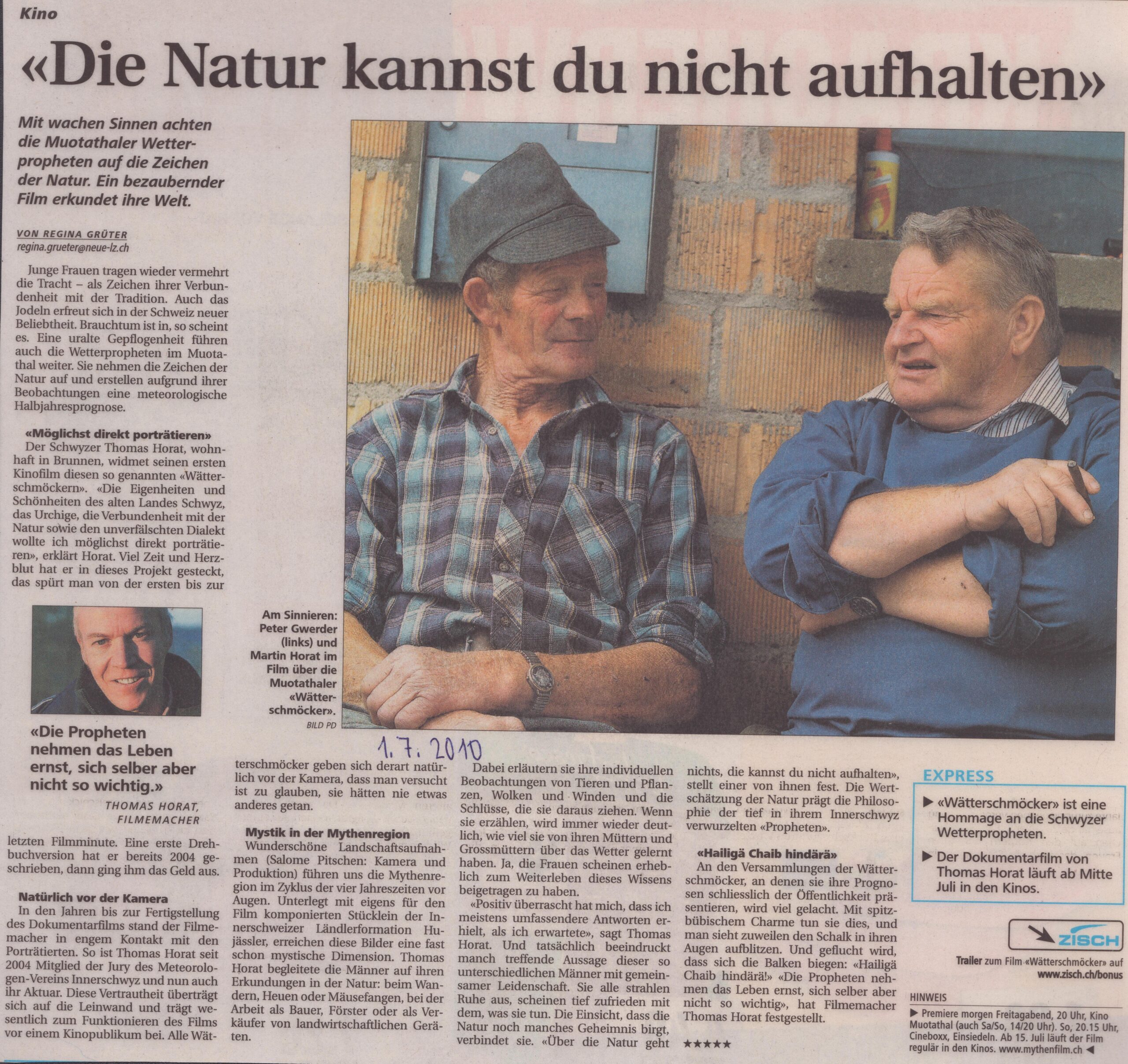 Kinofilm Wätterschmöcker
Regina Grüter, Schwyzer Zeitung, 2010, Ze48