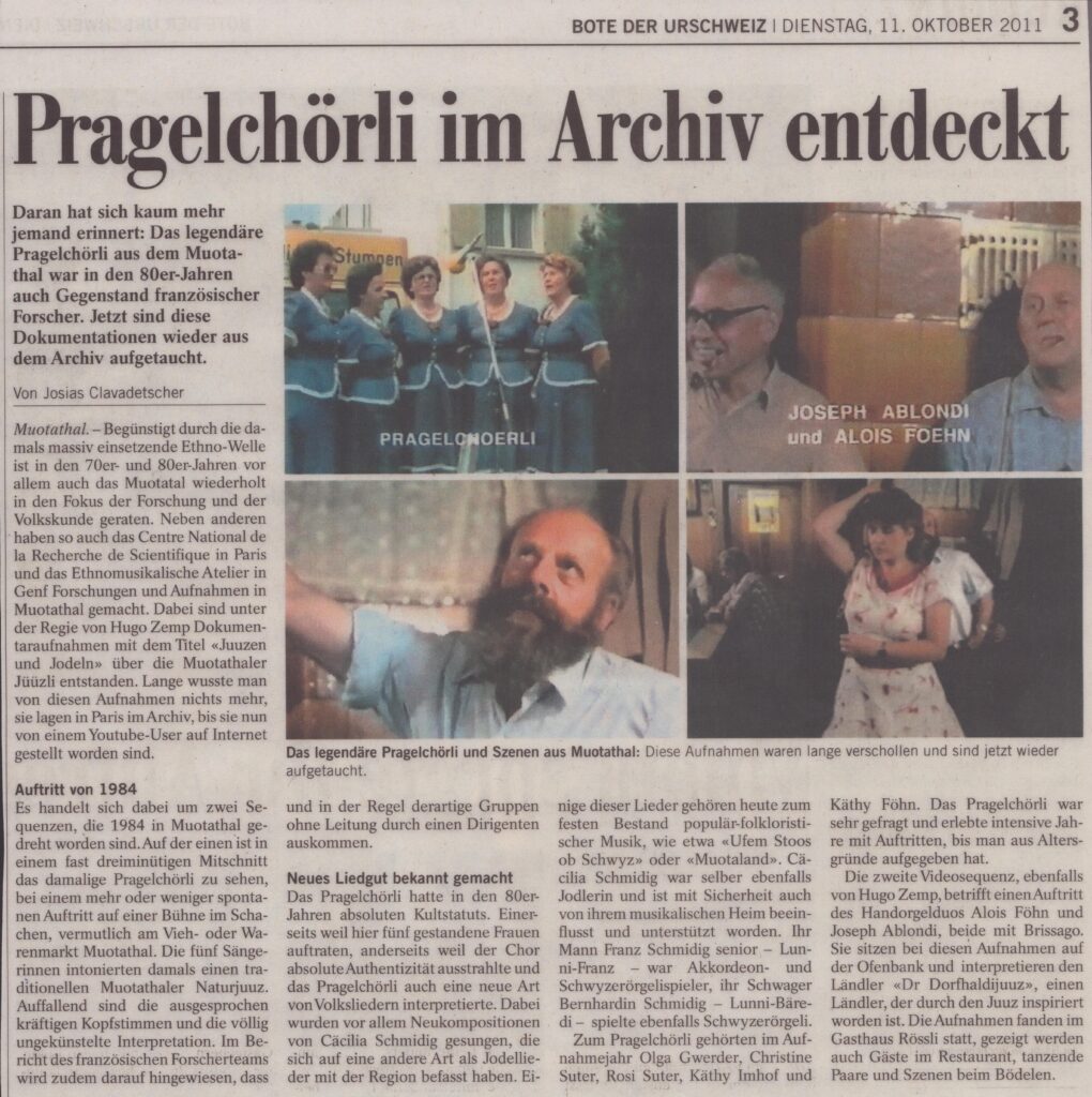 Filmaufnahmen
Josias Clavadetscher, Bote der Urschweiz, 2011, Ze124