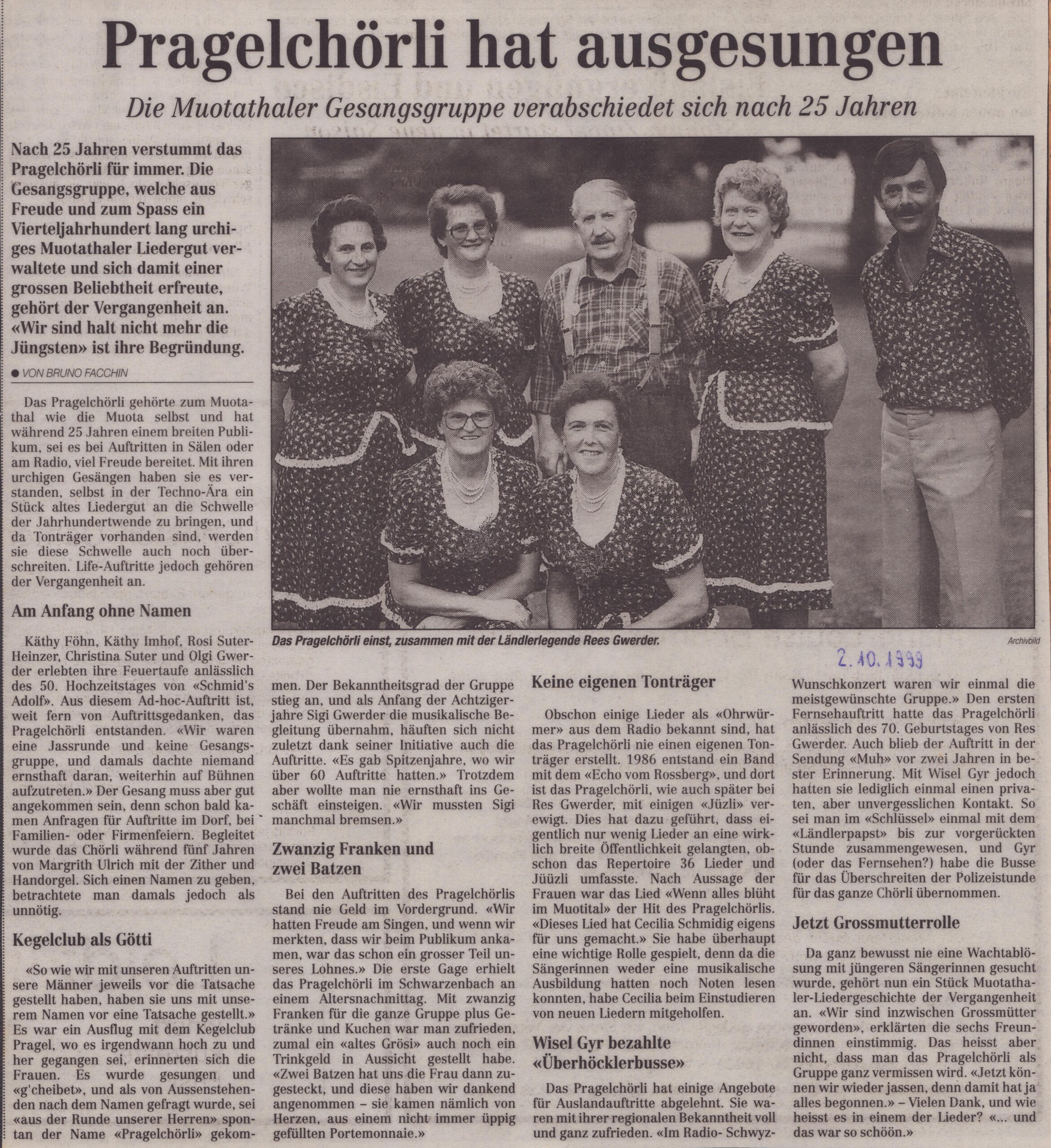 Ende der bekannten Gruppe
Bruno Facchin, Bote der Urschweiz, 1999, Ze96