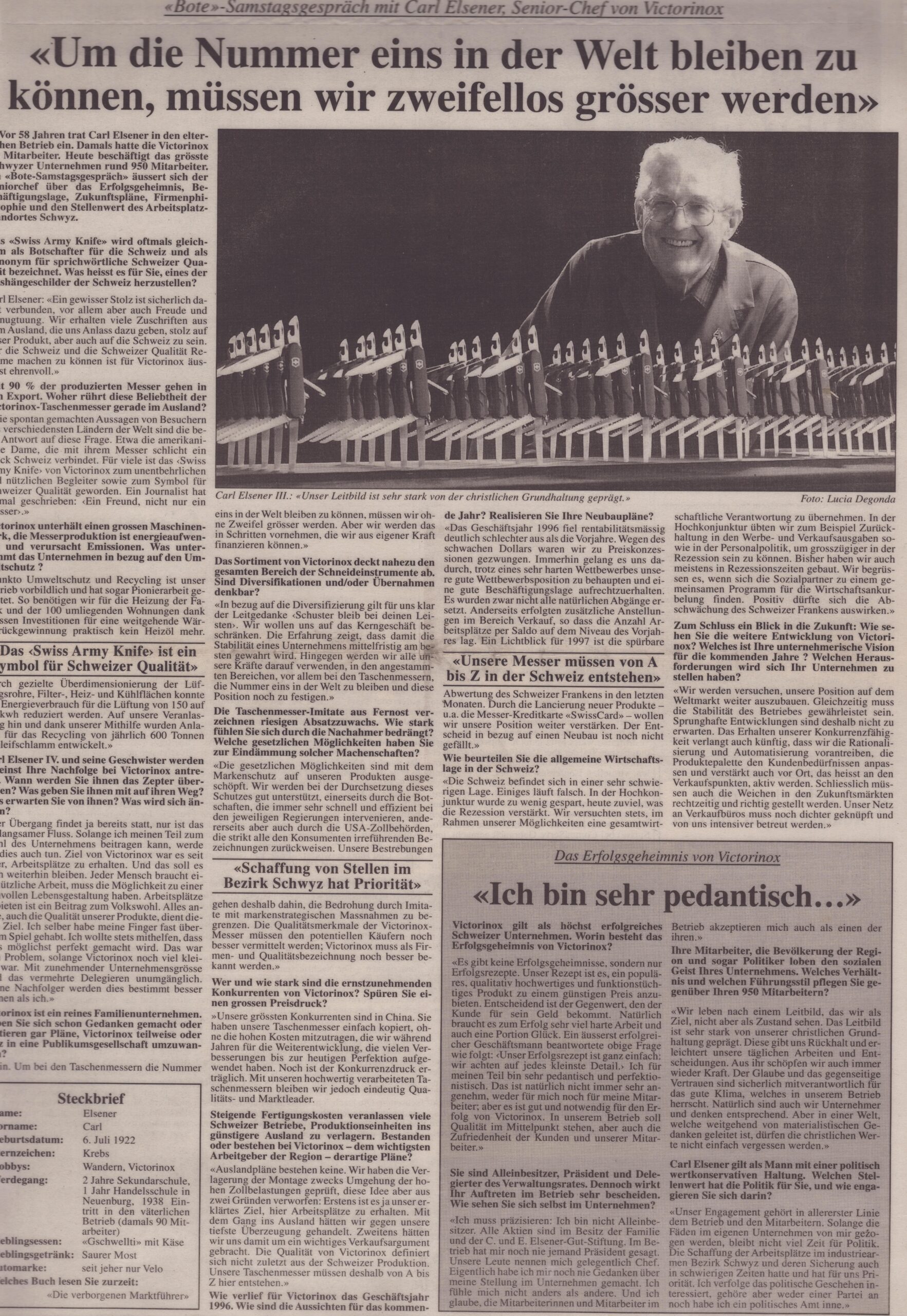 Samstagsgespräch mit Carl Elsener, Senior-Chef
o, Bote der Urschweiz, 1996, ZeVic50