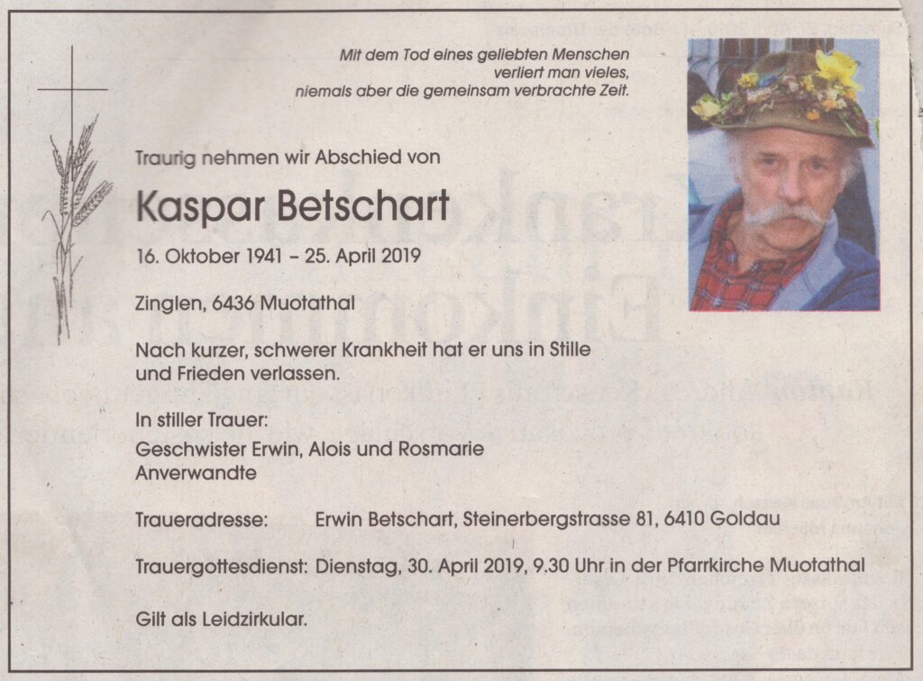 Todesanzeige
Angehörige, Bote der Urschweiz, 2019, Ze225