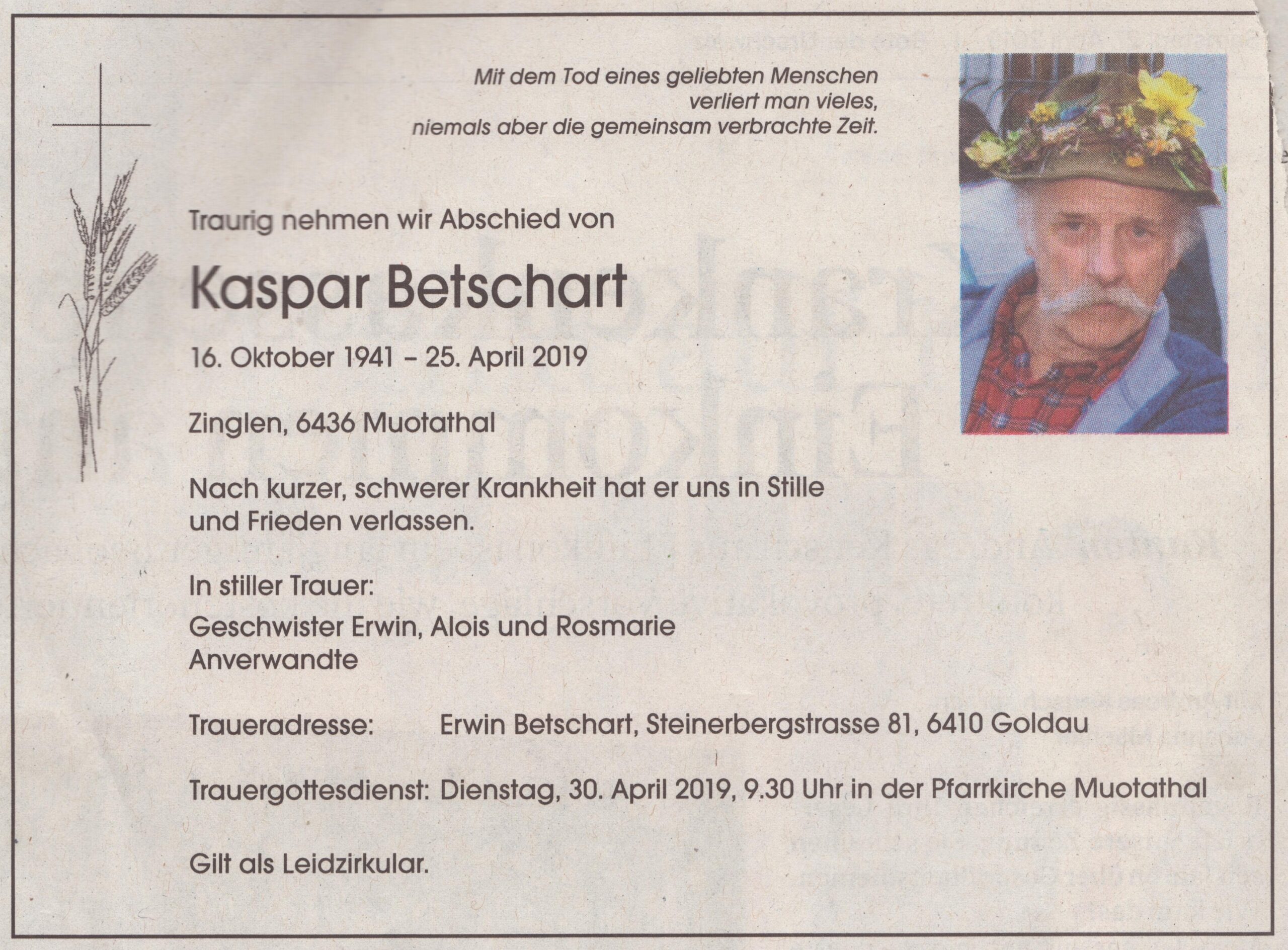 Todesanzeige
Angehörige, Bote der Urschweiz, 2019, Ze225