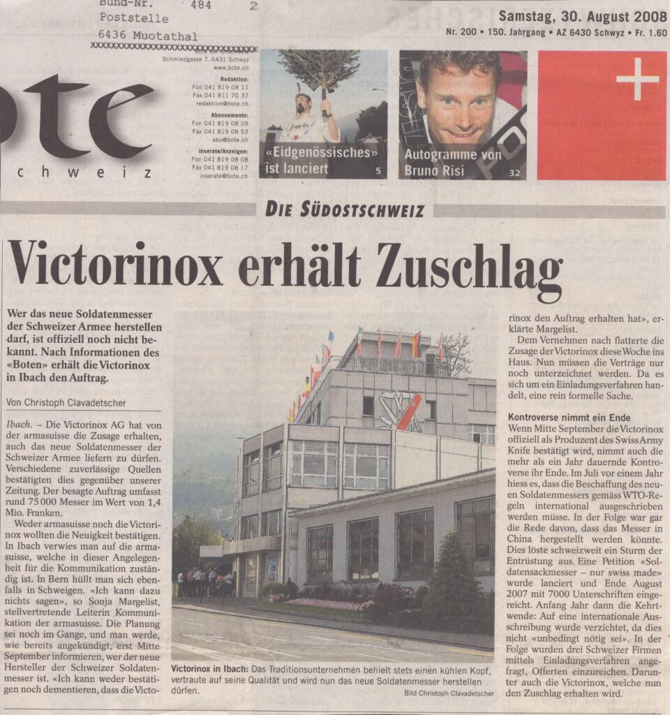 Messer für Armee
Christoph Clavadetscher, Bote der Urschweiz, 2008, ZeVic54