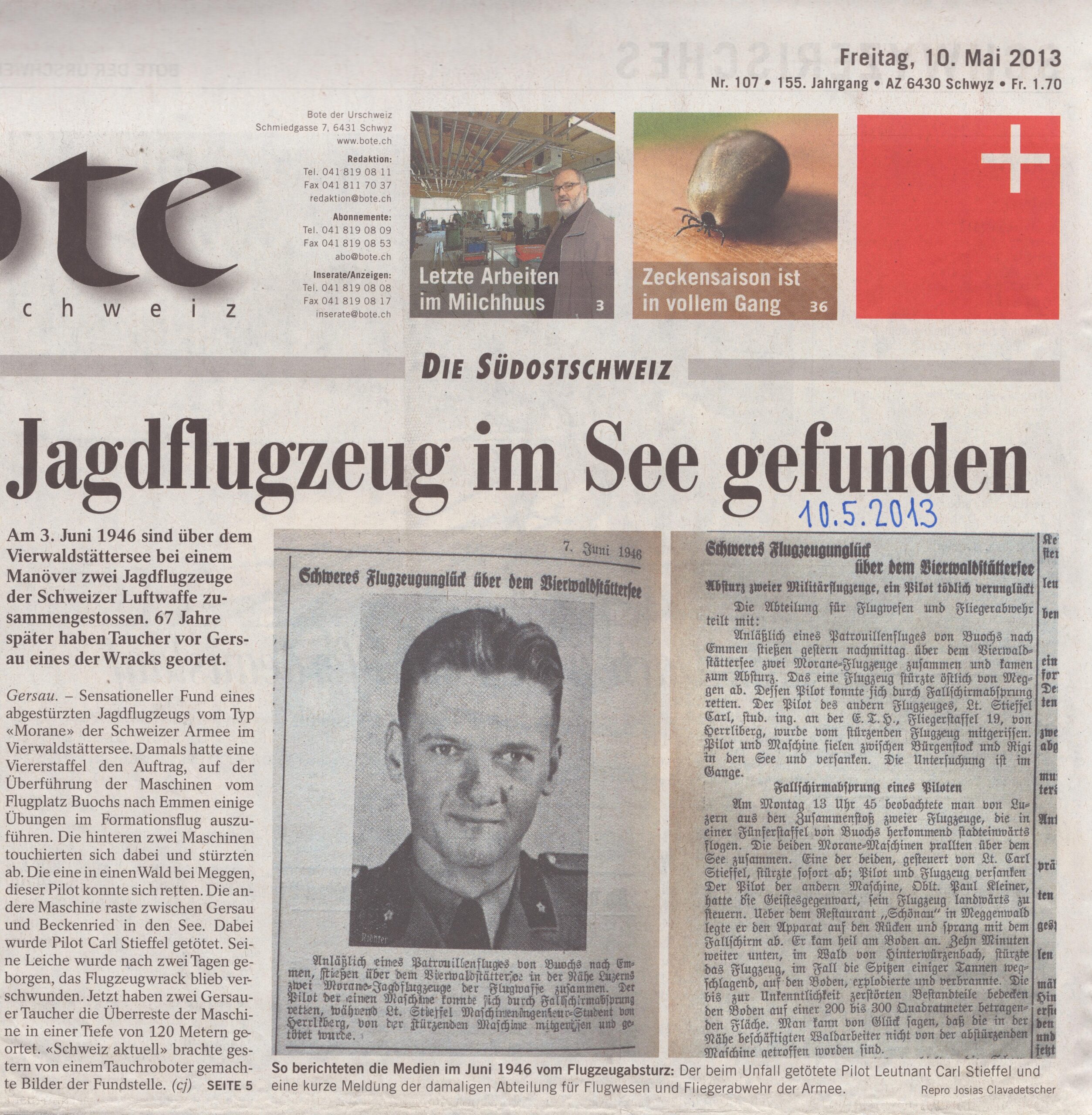 Morane stürzt 1946 ab
Josias Clavadetscher, Bote der Urschweiz, 2013, Ze276