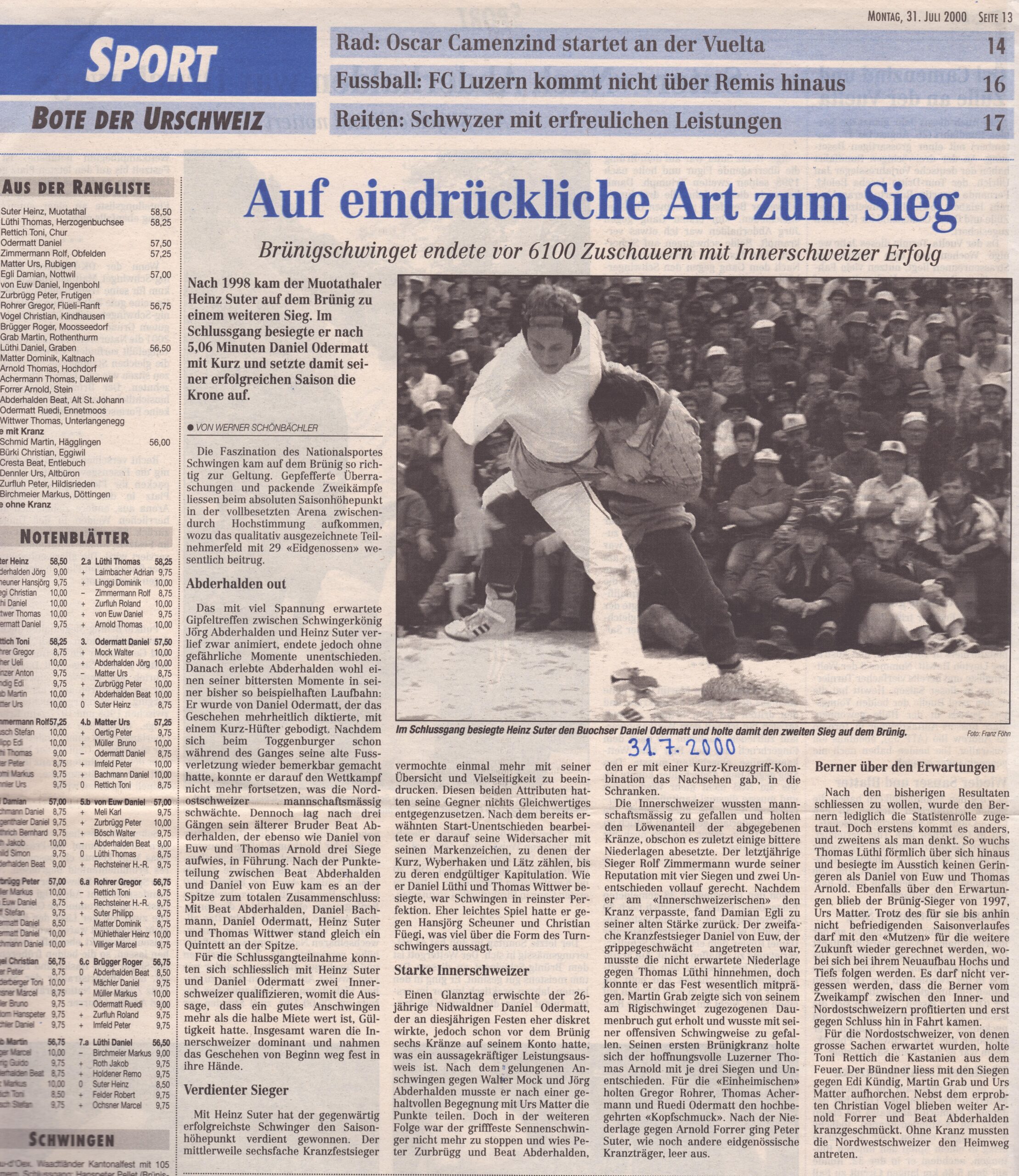 Brünigschwinget
Werner Schönbächler, Bote der Urschweiz, 2000, Ze290