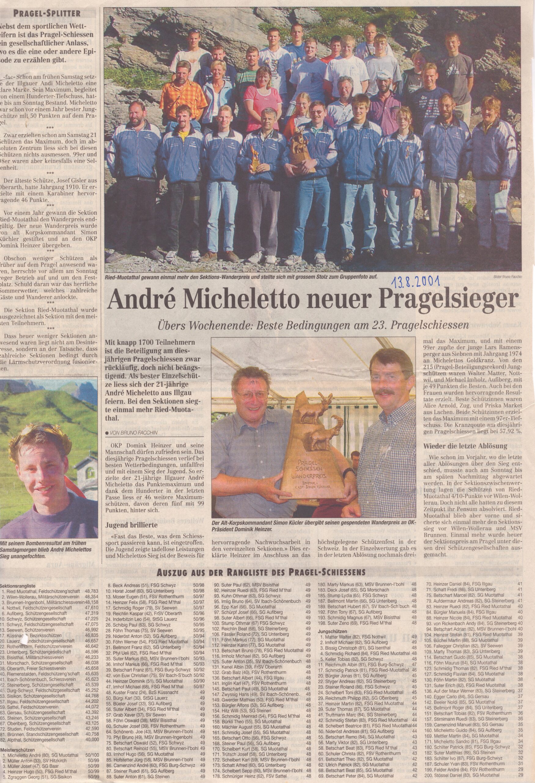 Pragelschiessen Sieger
Bruno Facchin, Bote der Urschweiz, 2001, Ze302