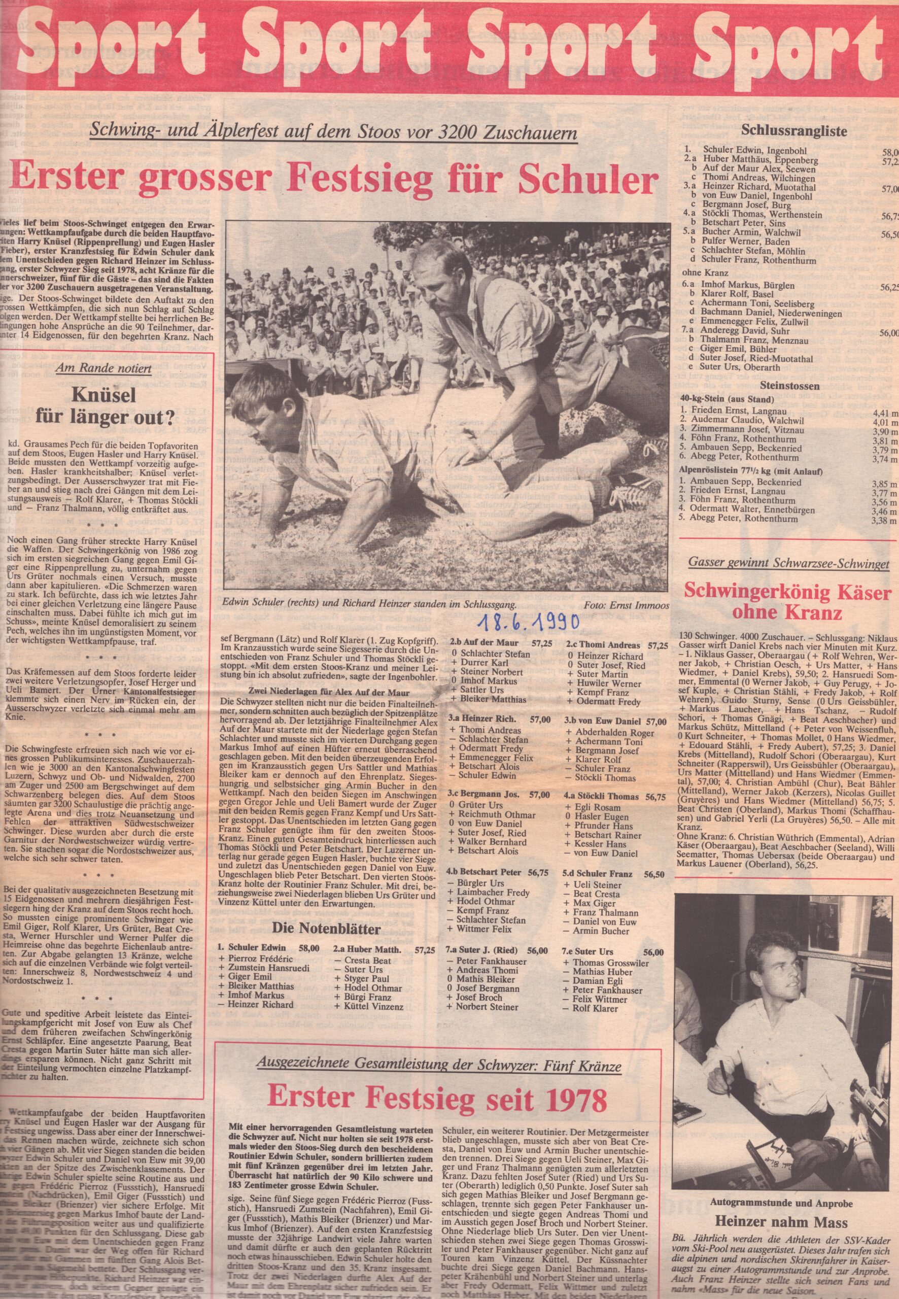 Richard Heinzer im Schlussgang
sige Simon Gerber, Bote der Urschweiz, 1990, Ze314