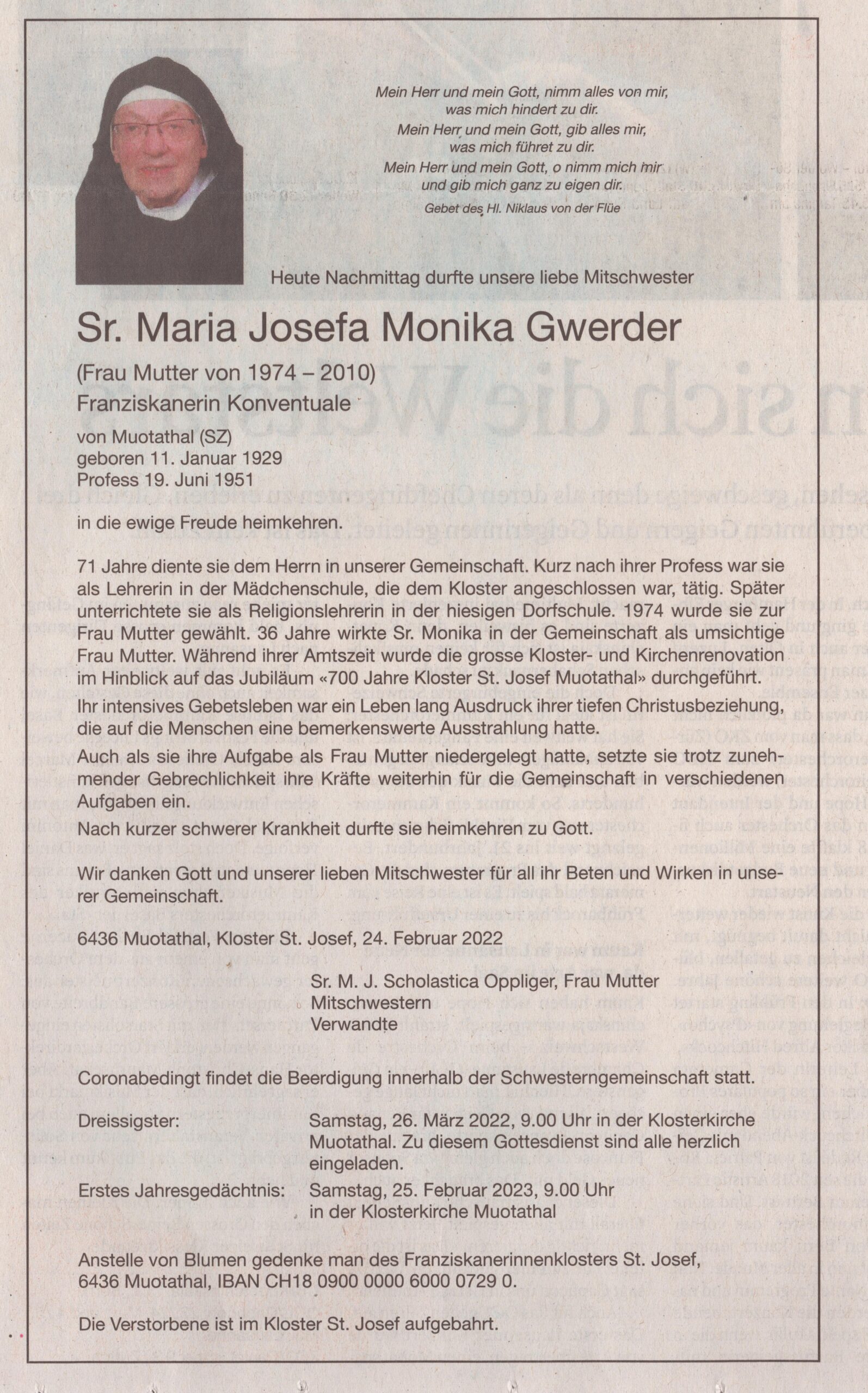 Frau Mutter, Kloster St. Josef, Muotathal, 2022, ZeMemor8